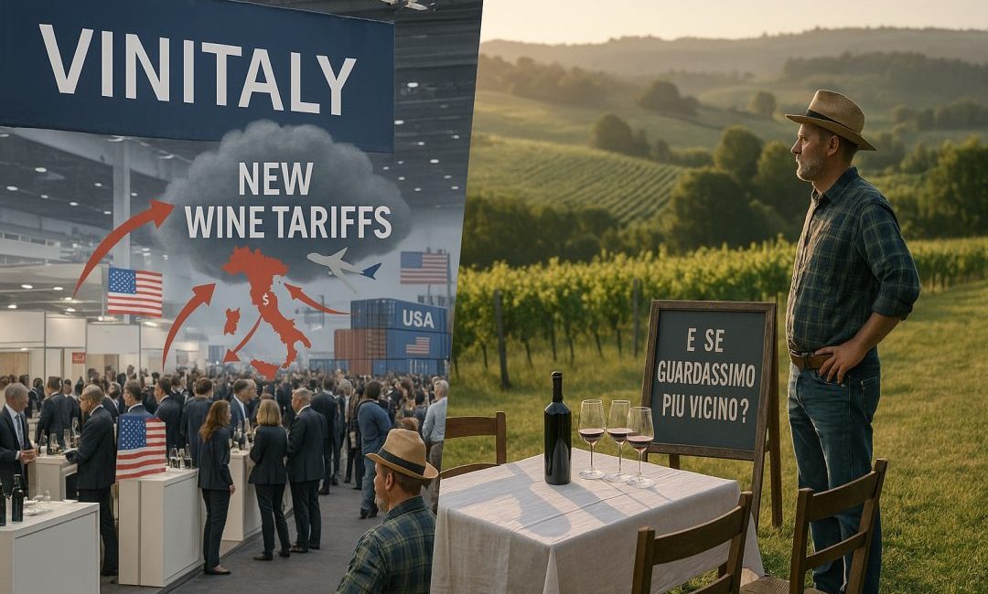Immagine divisa in due parti: a sinistra una fiera del vino affollata, con la scritta "Vinitaly" e simboli dei dazi americani sullo sfondo; a destra un vignaiolo campano osserva un tavolo da degustazione vuoto tra le vigne, con un cartello che recita "E se guardassimo più vicino?".