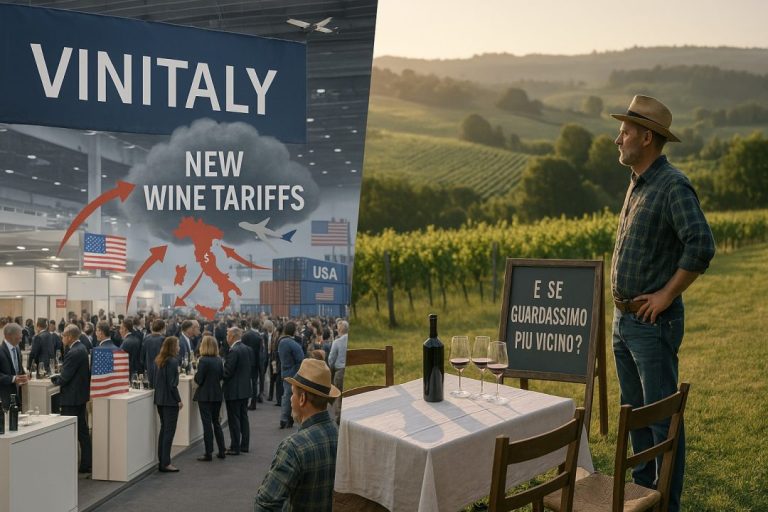 Immagine divisa in due parti: a sinistra una fiera del vino affollata, con la scritta "Vinitaly" e simboli dei dazi americani sullo sfondo; a destra un vignaiolo campano osserva un tavolo da degustazione vuoto tra le vigne, con un cartello che recita "E se guardassimo più vicino?".