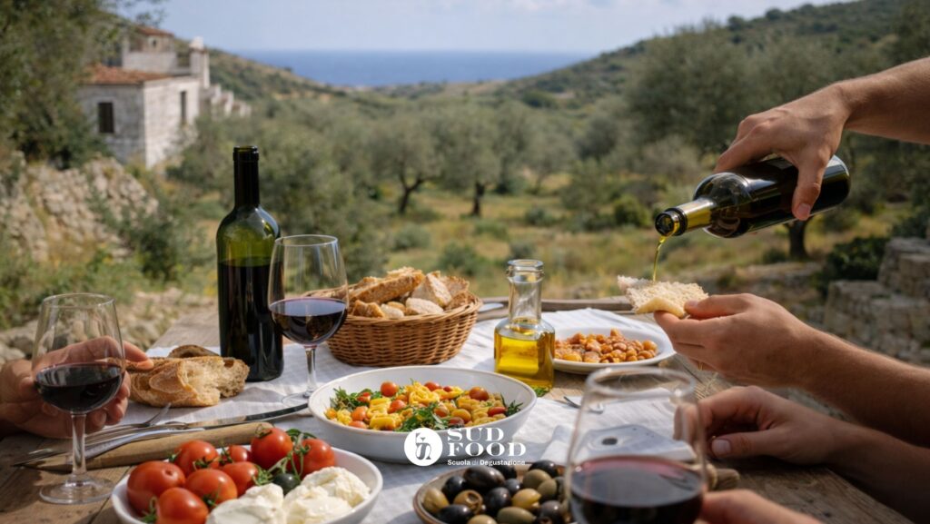 Tavola del Sud Italia con pane, olio extravergine, vino e piatti della tradizione, immersa nel paesaggio mediterraneo